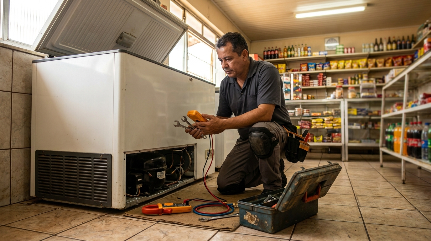 Técnico realizando manutenção de motor de freezer no Bom Clima, Juiz de Fora‑MG