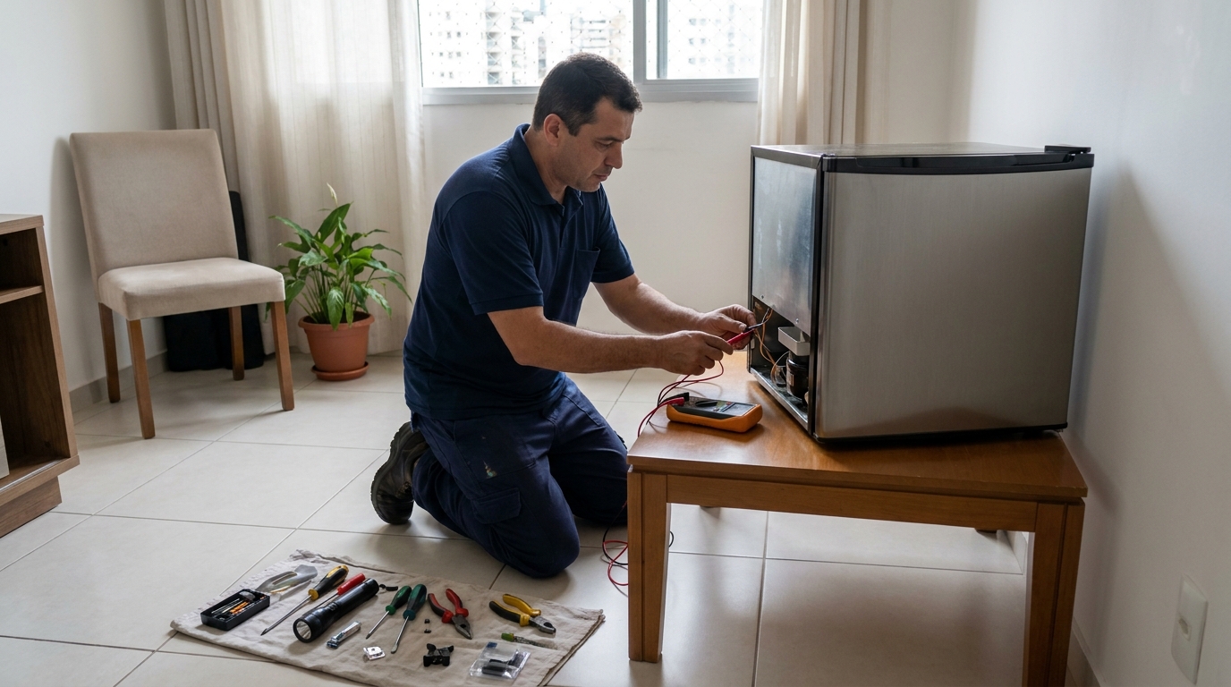 Técnico realizando manutenção de motor de frigobar no Aeroporto, Juiz de Fora‑MG