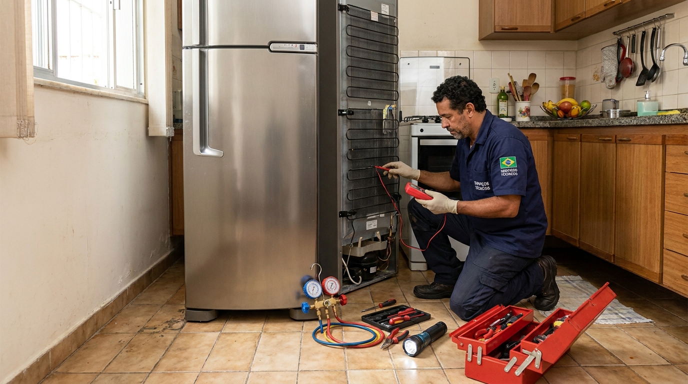 Técnico realizando manutenção de motor de geladeira no Bom Pastor, Juiz de Fora‑MG