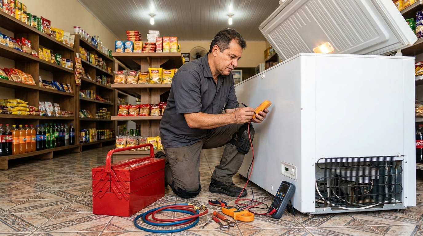 Recarga de gás refrigerante em freezer em atendimento no Bom Clima, Juiz de Fora‑MG
