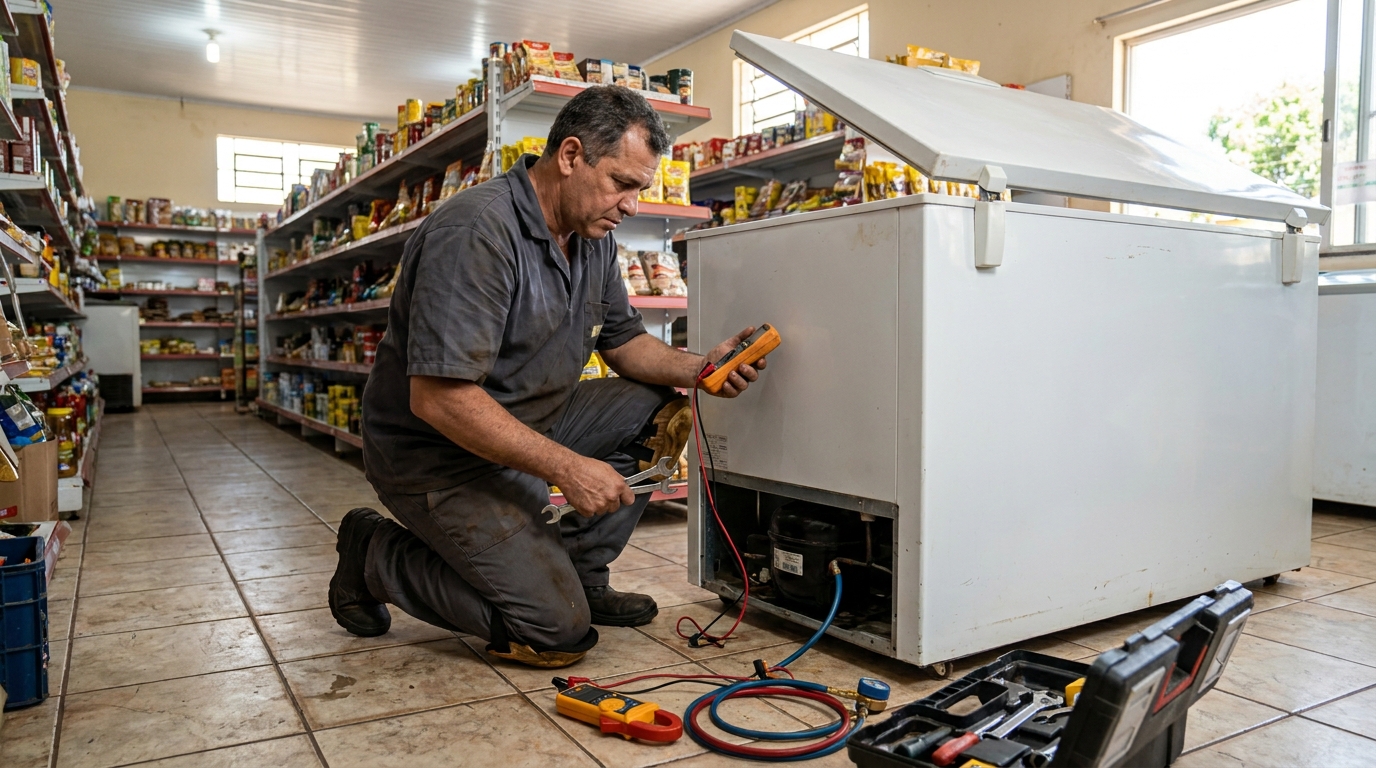 Troca de termostato de freezer em atendimento técnico no Bom Clima, Juiz de Fora‑MG